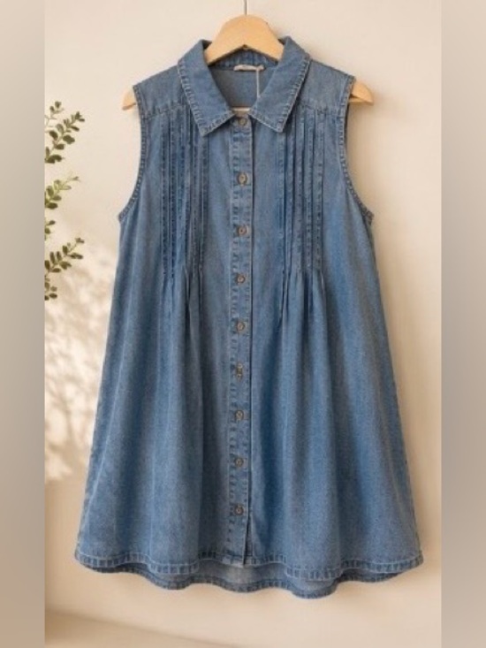 Hem & Thread Dresses & Skirts - Hem & Thread Sleeveless Chambray Denim Swing Dress Button Front Pockets Boho